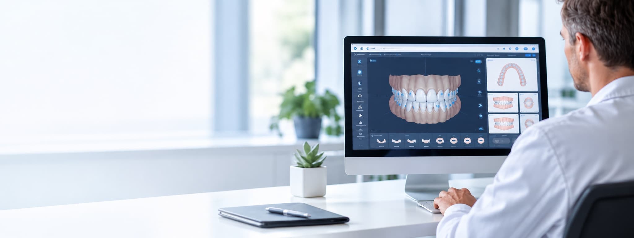 A clinician reviewing a digital clear-aligner treatment setup at a workstation